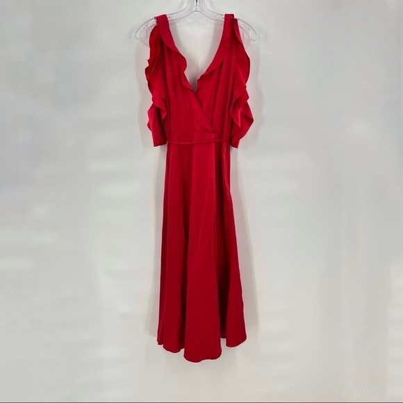 French Connection maudi drape red wrap cold shoulder dress - Picture 6 of 13